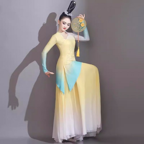 Yellow gradient chinese folk dance costumes for women girls opening dance choir performance dresses fairy hanfu flowing classical dance Han Tang Dynasty  ancient performance clothes